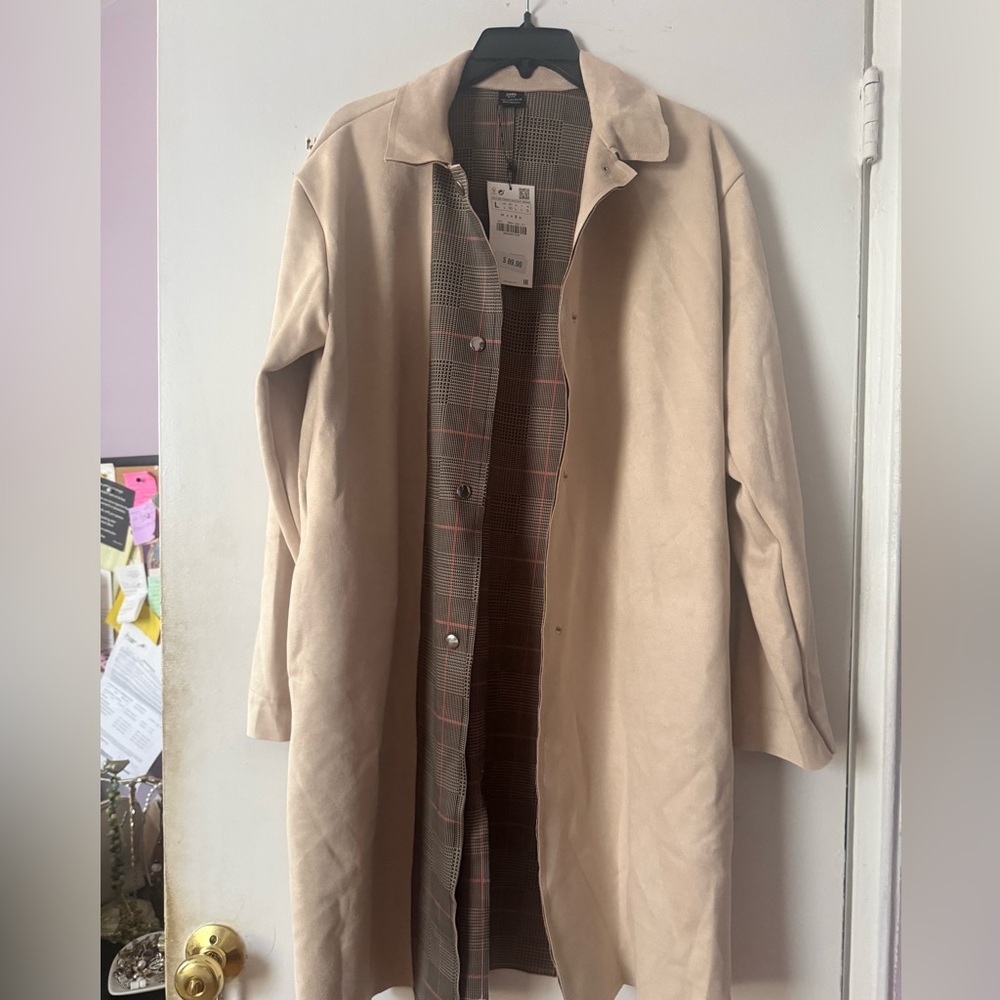 NWT Zara Sand Faux Suede Longline Coat - Plaid Lining